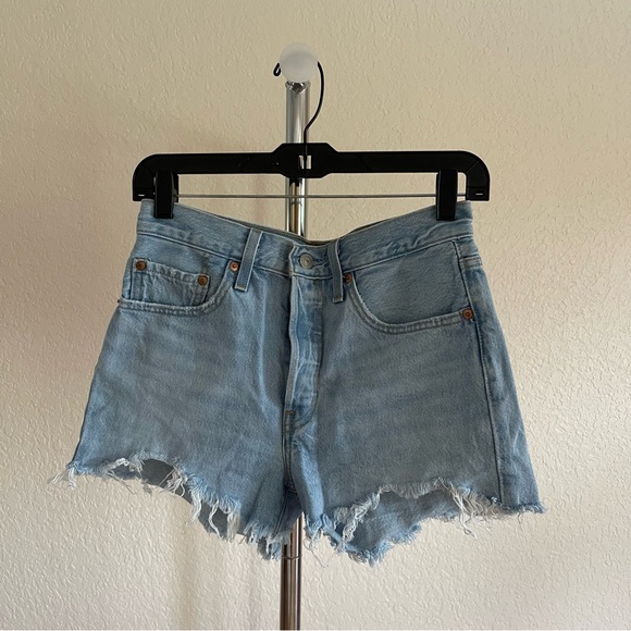 Light Blue Distessed Denim Shorts - Picture 1 of 5